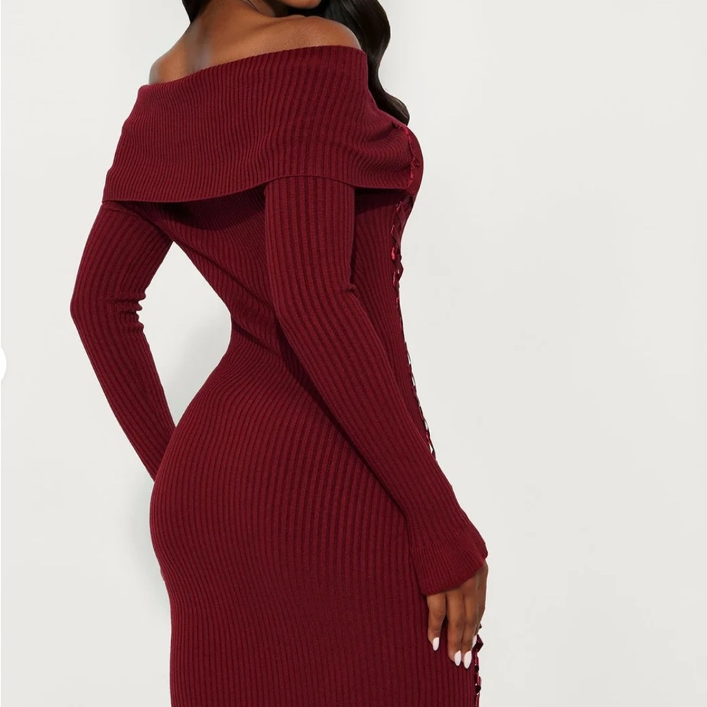 Elsy Sweater Off Shoulder Mini Dress - Burgundy - Picture 2 of 4
